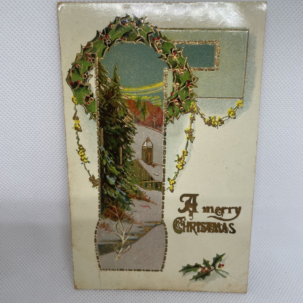Vintage Postcard Happy New Year Mountain Snow Pine Trees Germany Embossed 1907